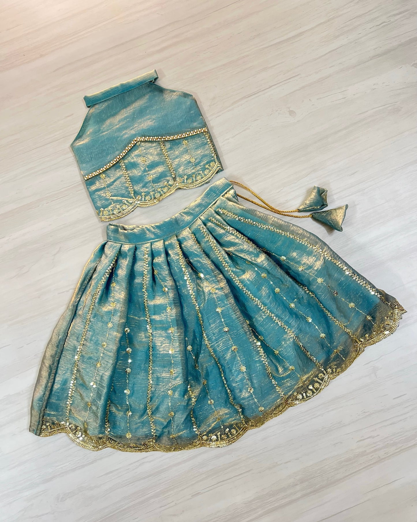 Calming Cerulean Blue Embroidered Halter Neck Lehenga Set