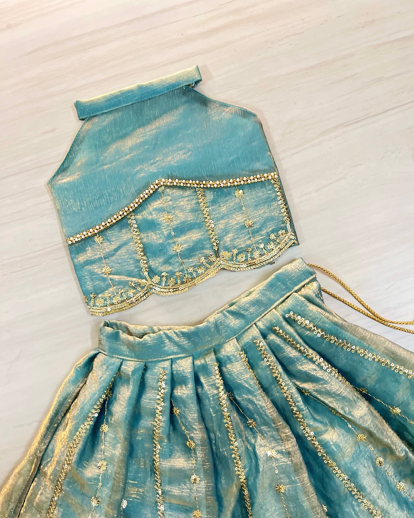 Calming Cerulean Blue Embroidered Halter Neck Lehenga Set