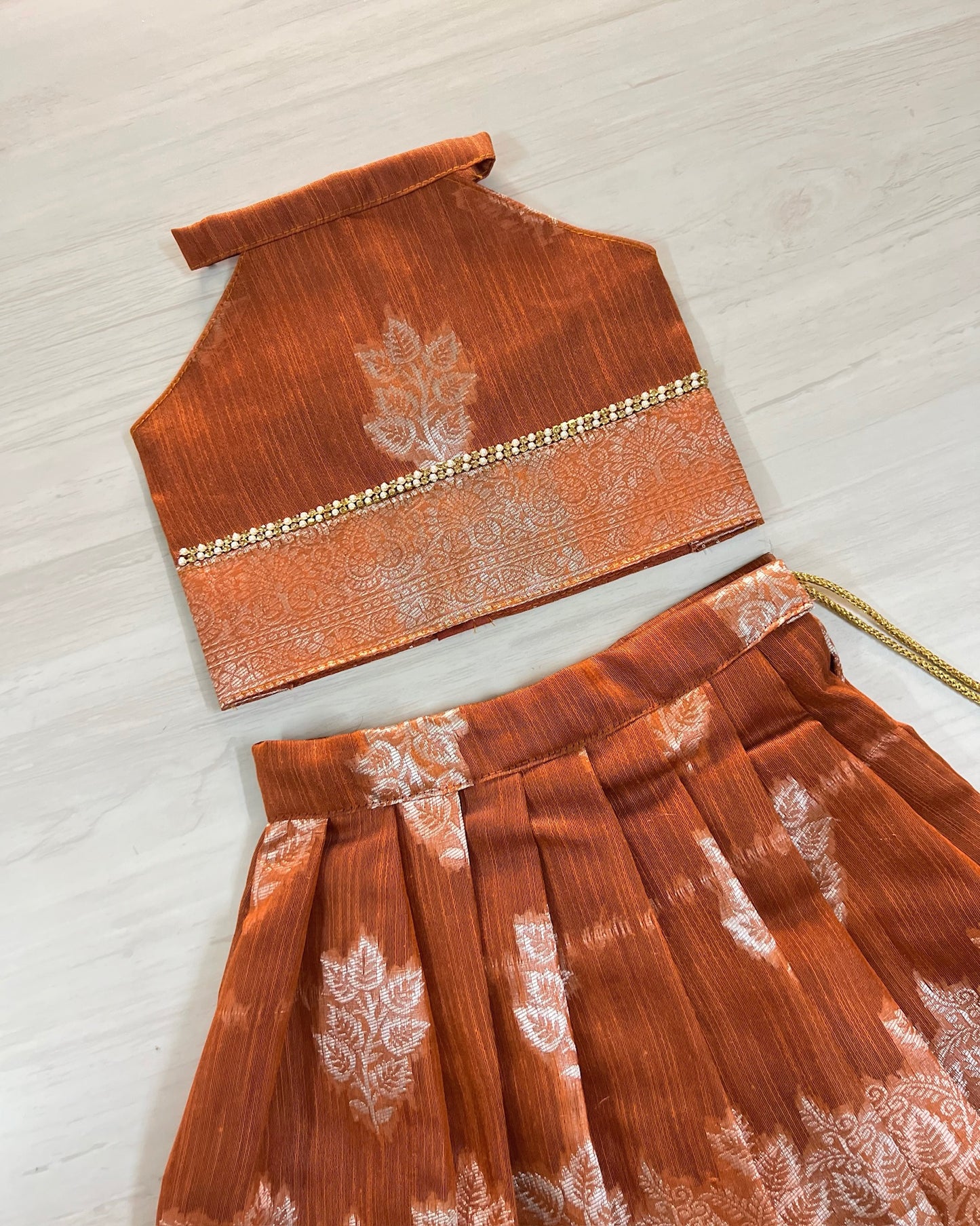 Rare Amber Leafy Print Halter Neck Lehenga Set