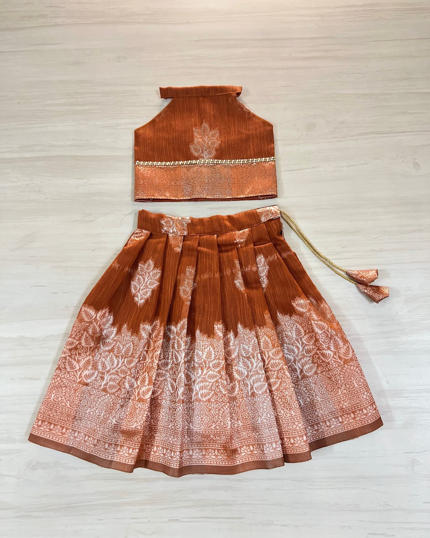 Rare Amber Leafy Print Halter Neck Lehenga Set