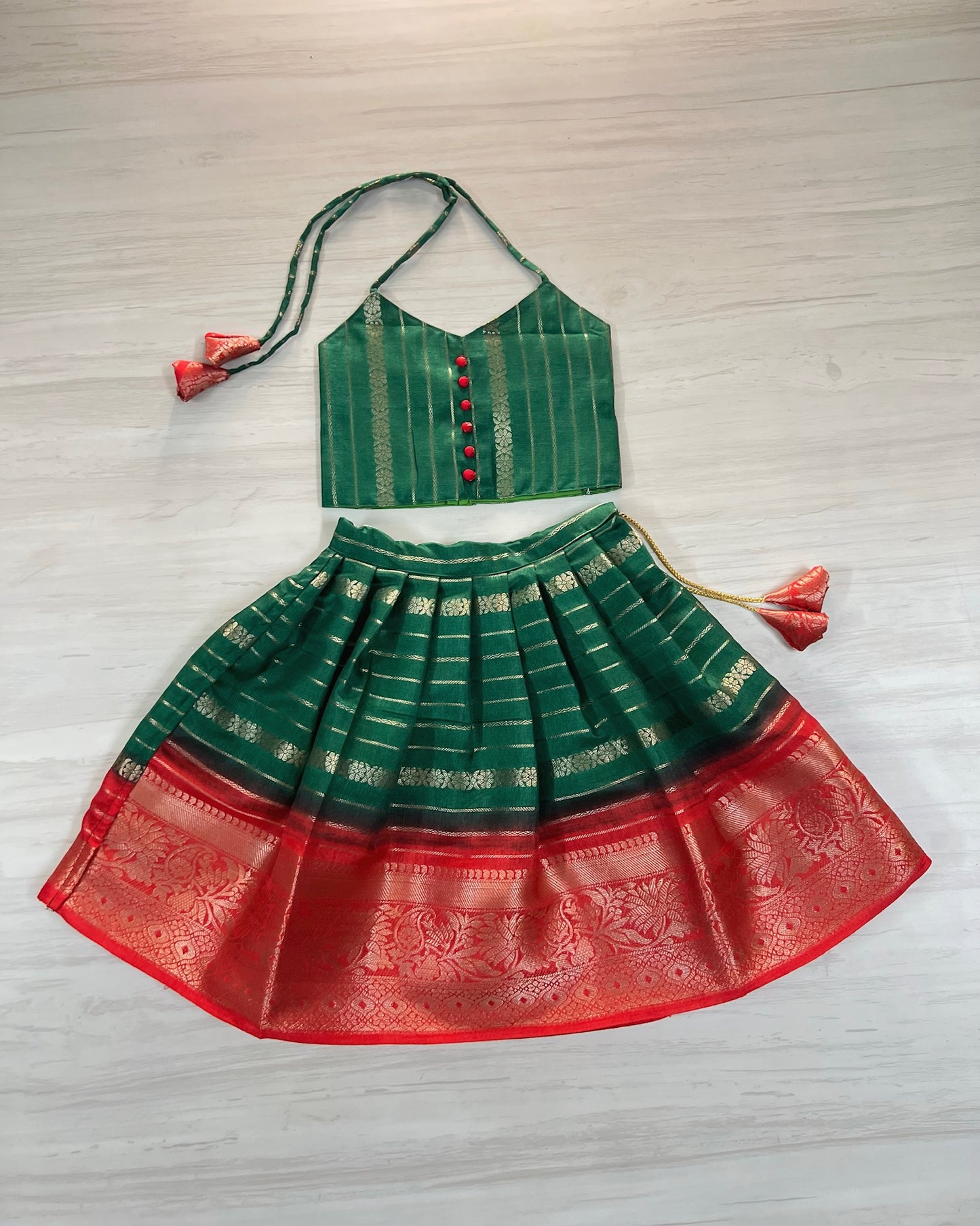 Pine Green With Red Polki Buttons Two Piece Pattu Pavadai Set