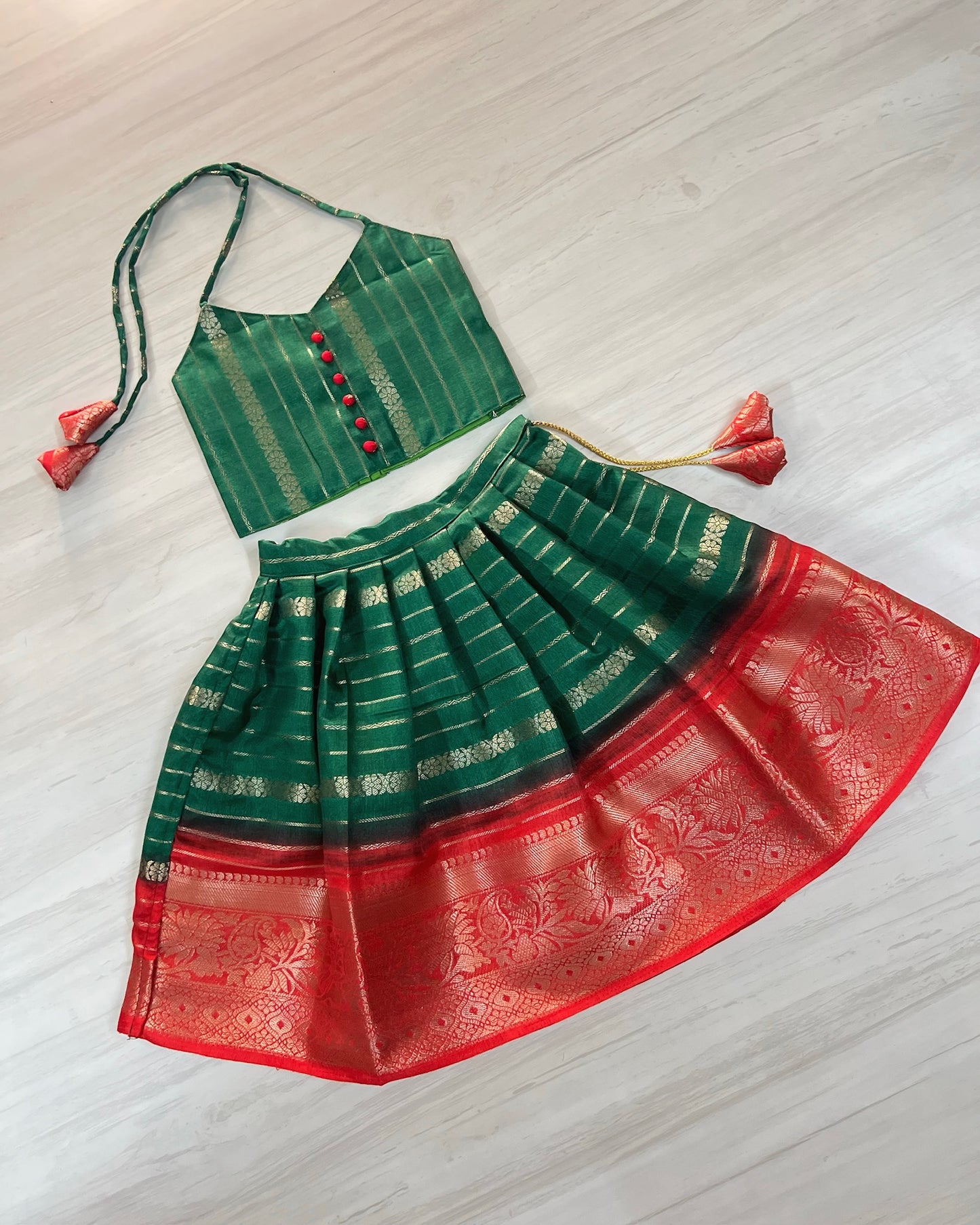Pine Green With Red Polki Buttons Two Piece Pattu Pavadai Set