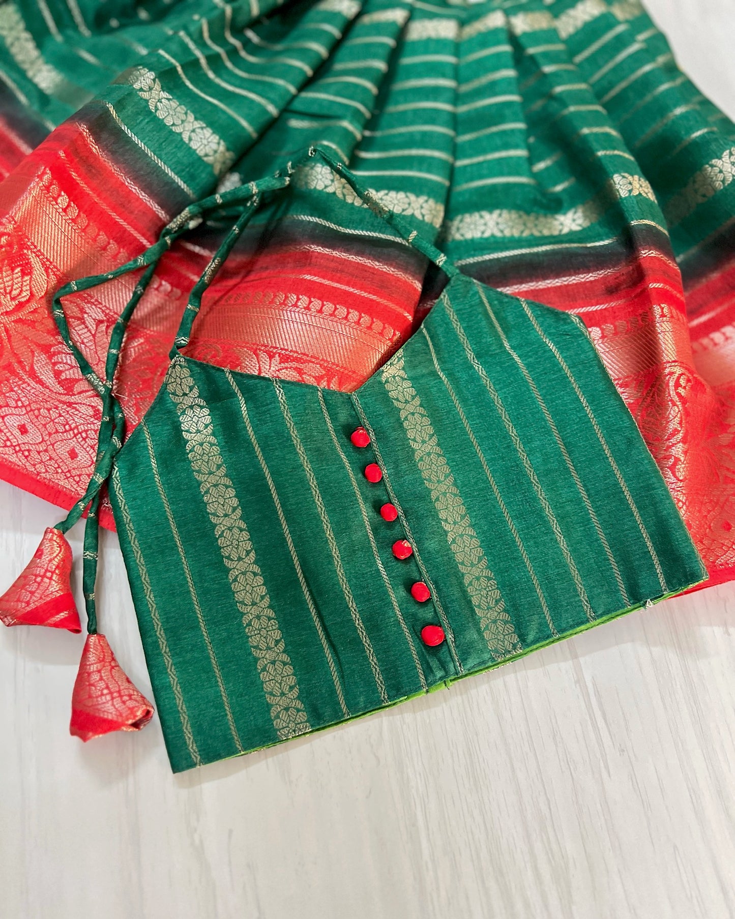 Pine Green With Red Polki Buttons Two Piece Pattu Pavadai Set