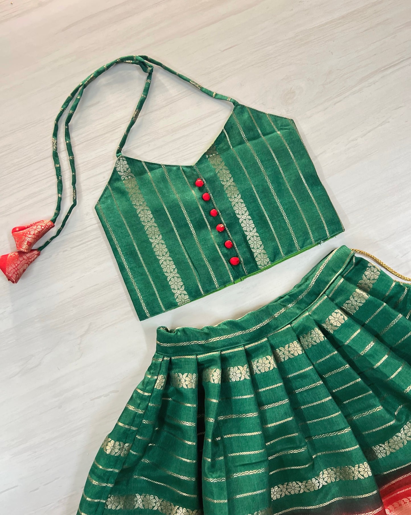 Pine Green With Red Polki Buttons Two Piece Pattu Pavadai Set