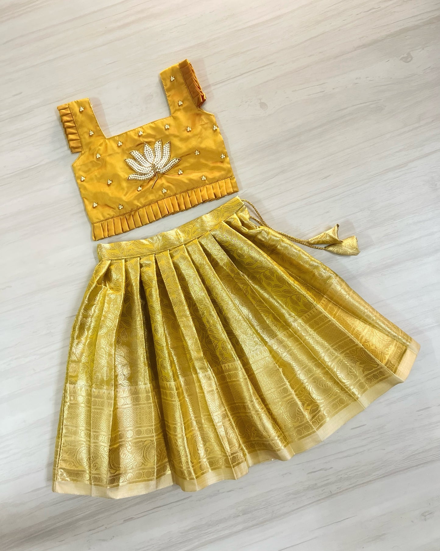 Honey Gold Pearly Lotus Embroidered Aari Work Lehenga Set