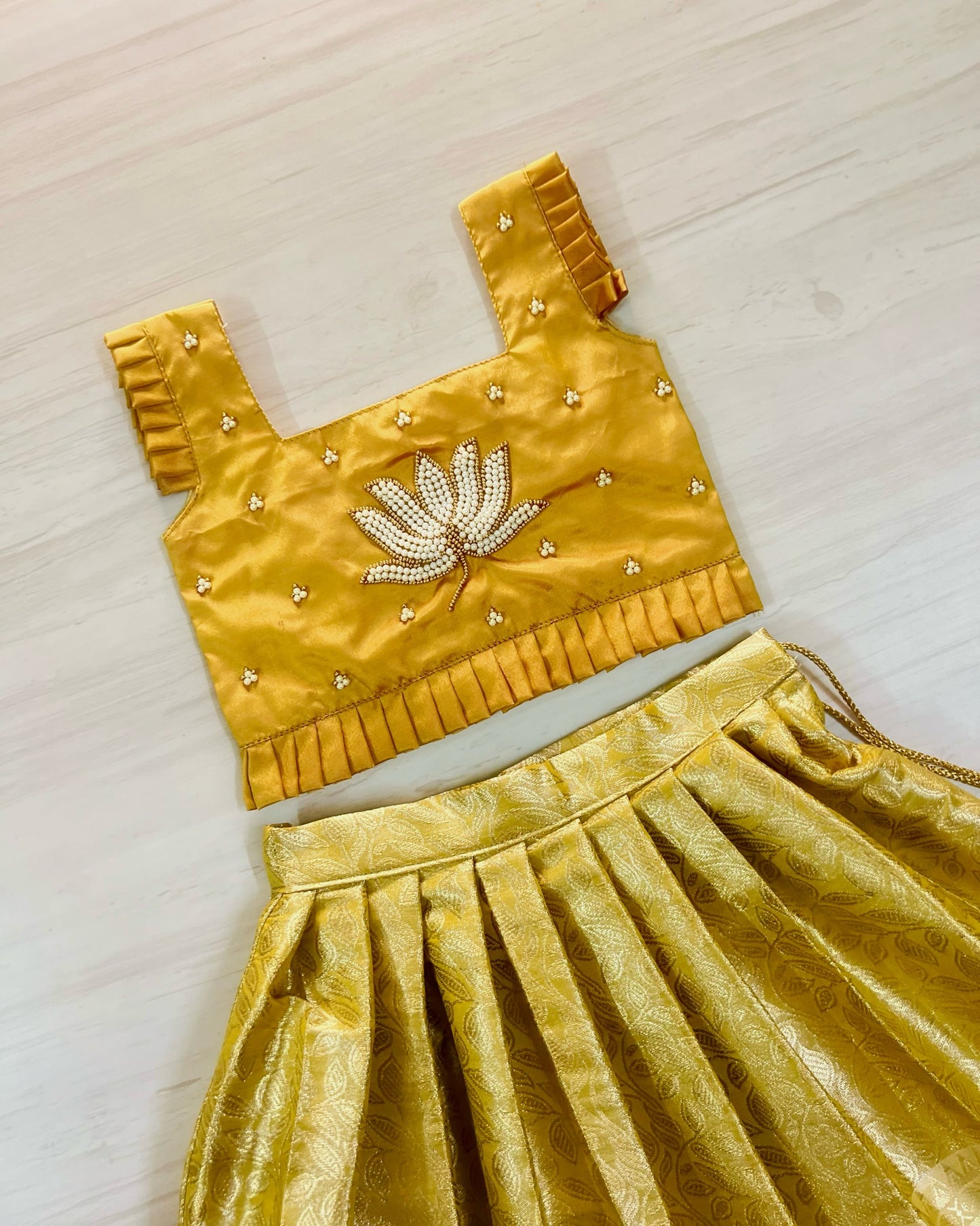 Honey Gold Pearly Lotus Embroidered Aari Work Lehenga Set