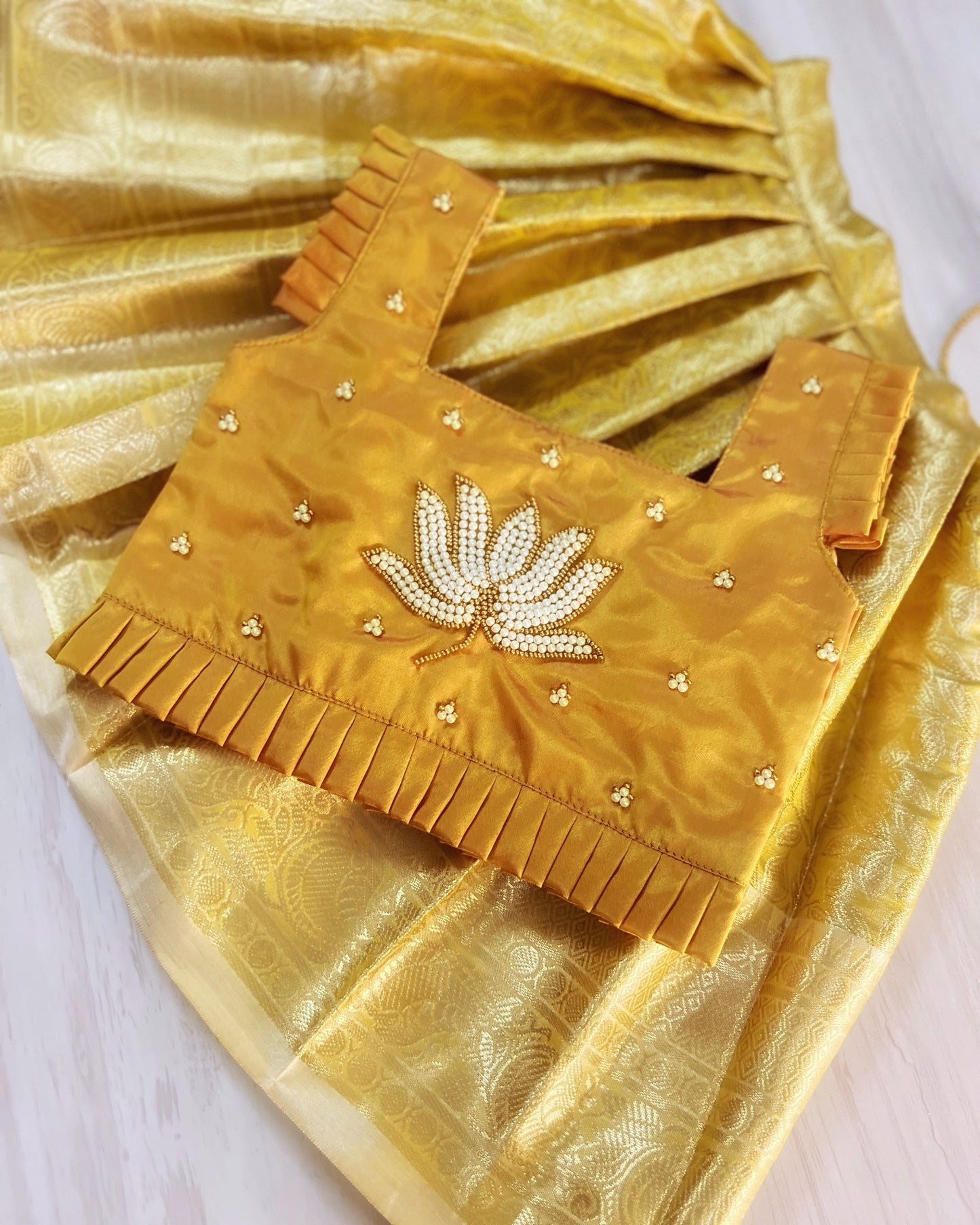 Honey Gold Pearly Lotus Embroidered Aari Work Lehenga Set
