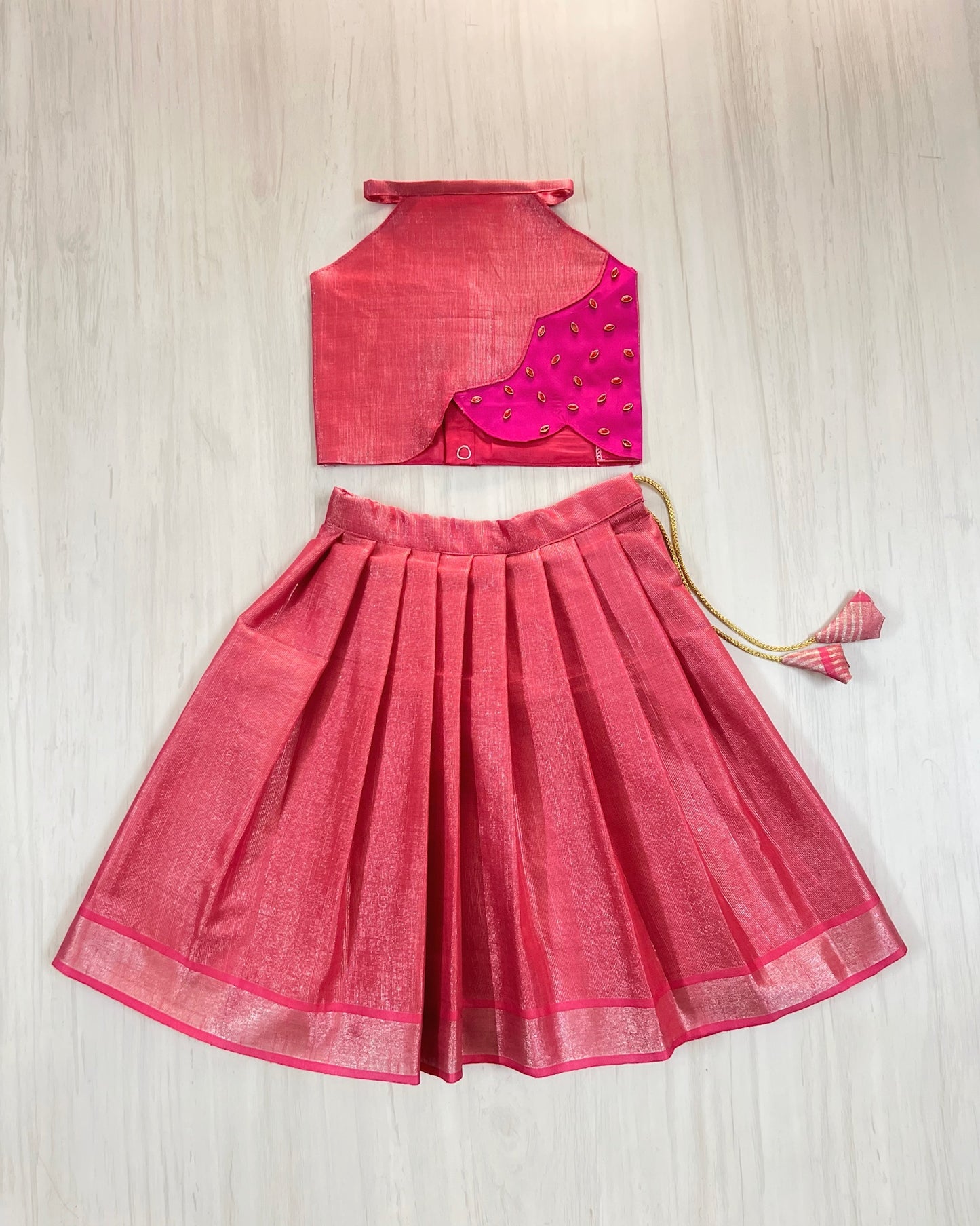 Pink Bubble Sparkly Halter Neck Scalloped Silk Lehenga Set