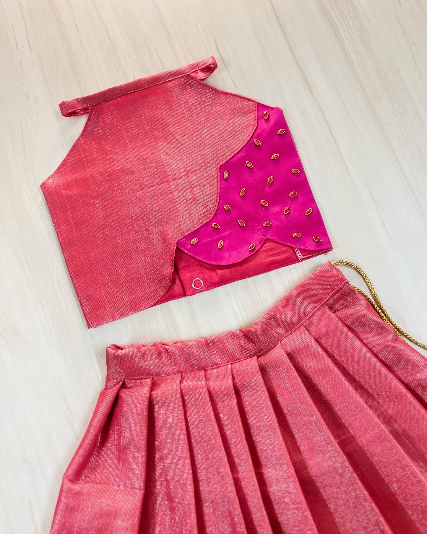 Pink Bubble Sparkly Halter Neck Scalloped Silk Lehenga Set