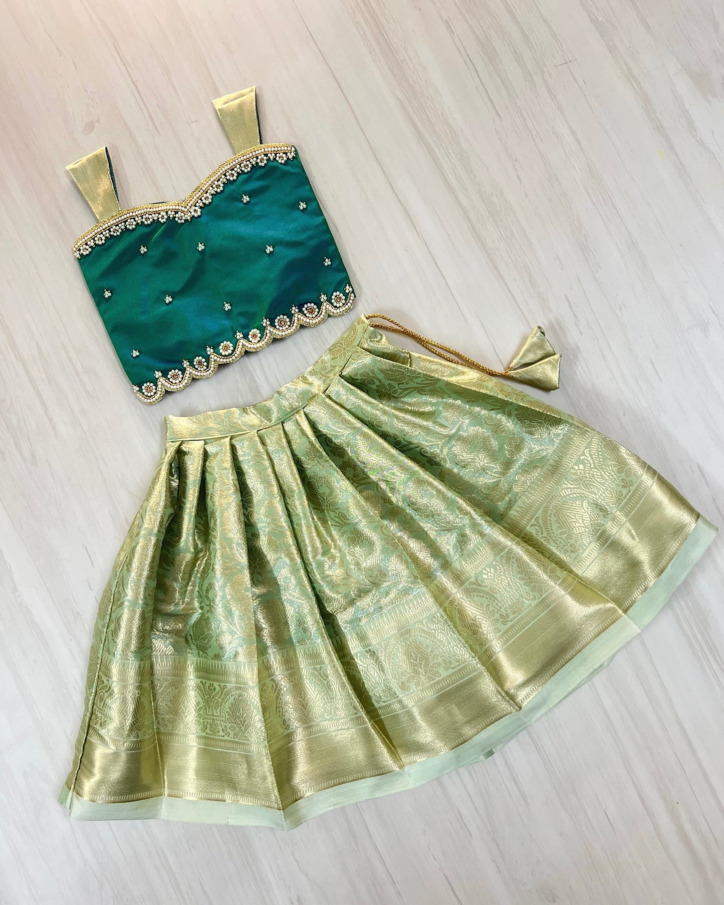 Carribean Teal Pearl Embellished Intricate Aari Work Lehenga Set