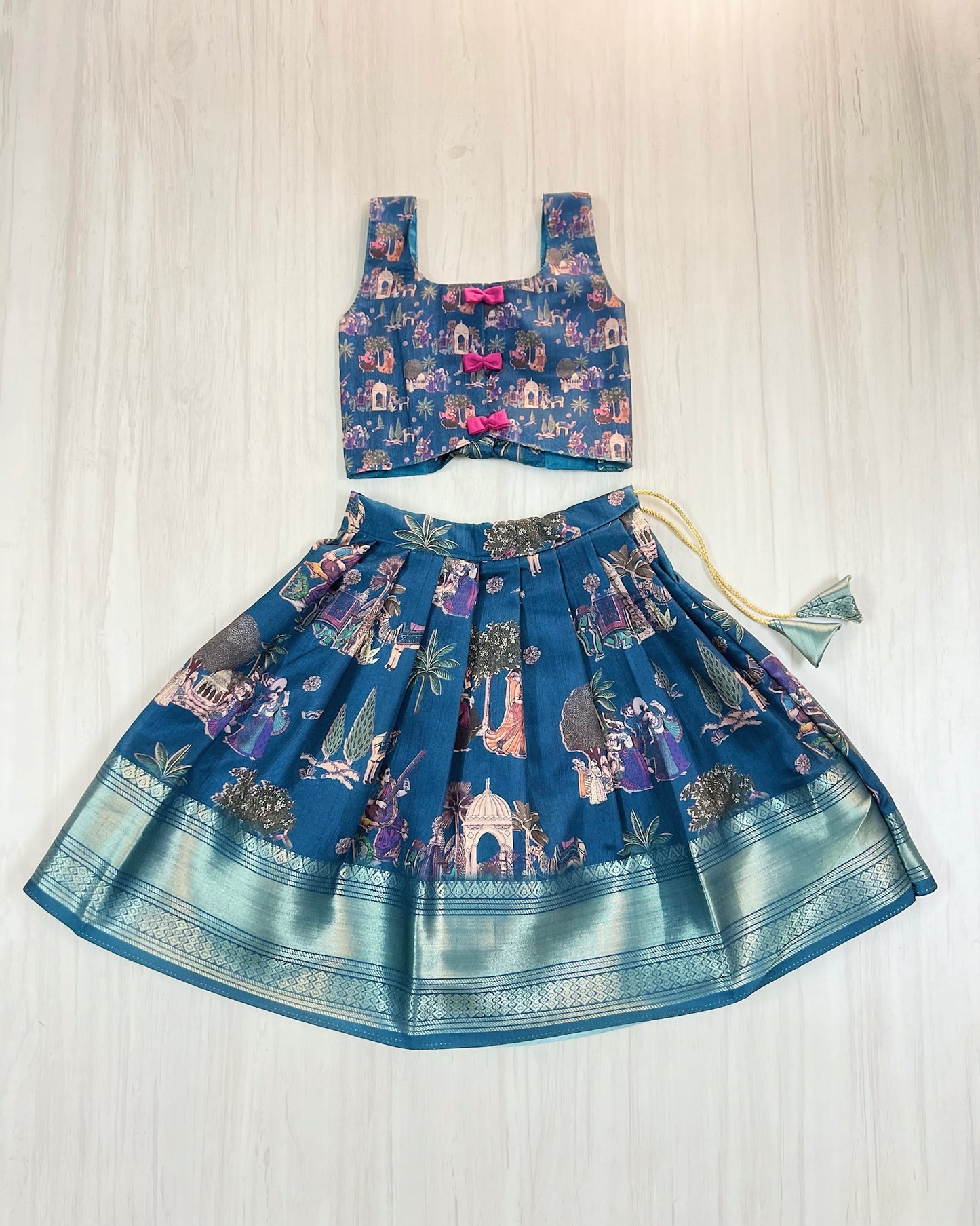 Crystal Teal With Cute Pink Bows Tie-Up Lehenga Set