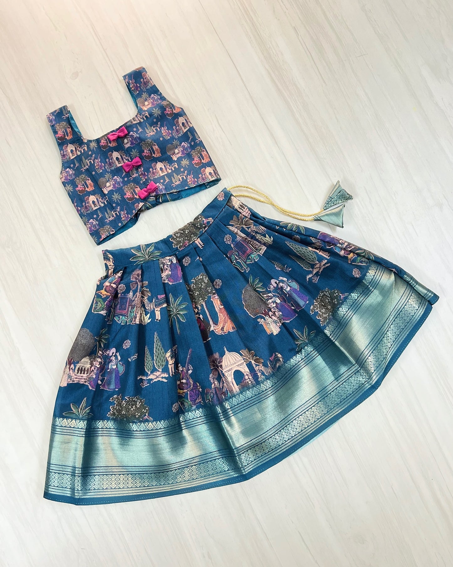 Crystal Teal With Cute Pink Bows Tie-Up Lehenga Set