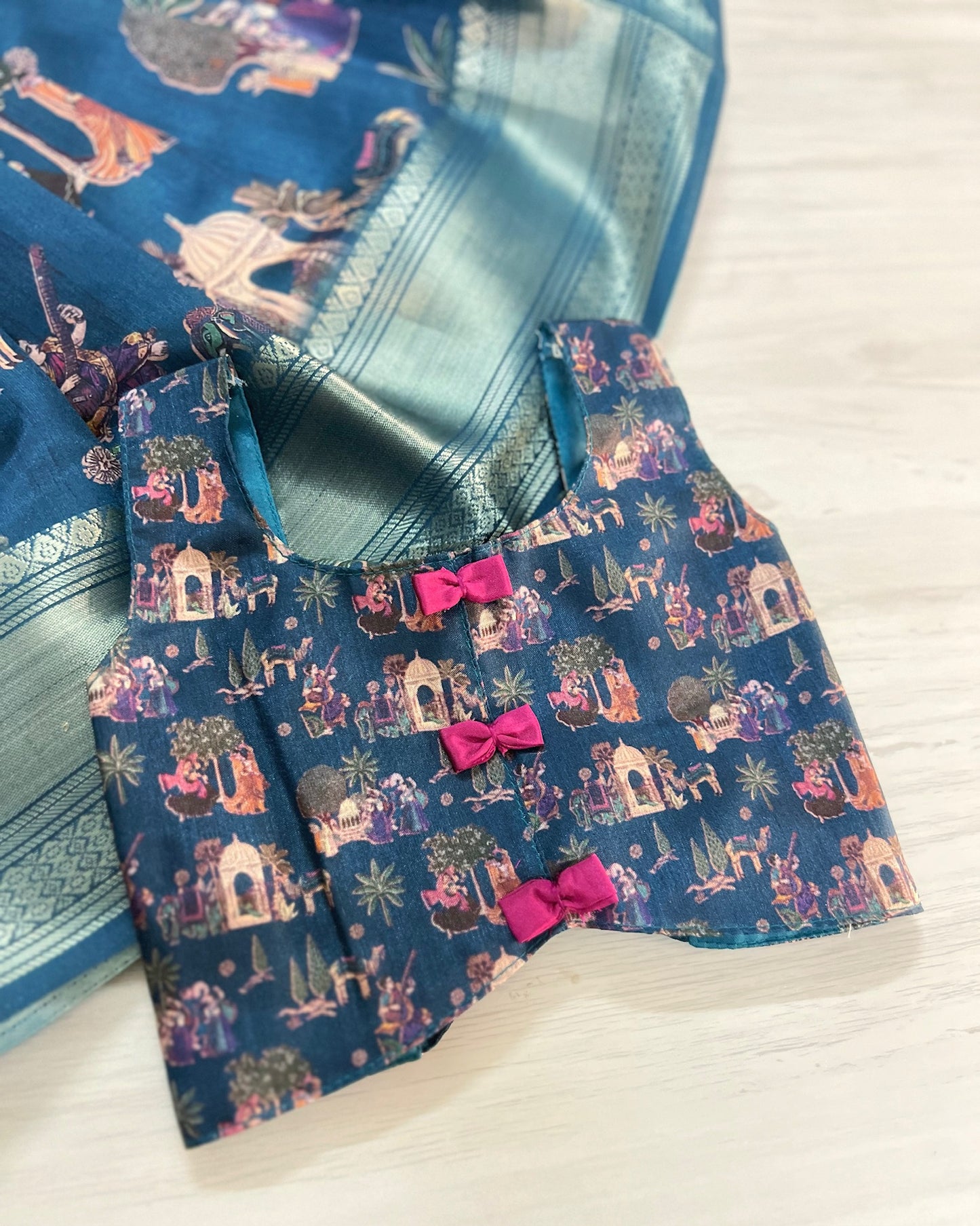 Crystal Teal With Cute Pink Bows Tie-Up Lehenga Set