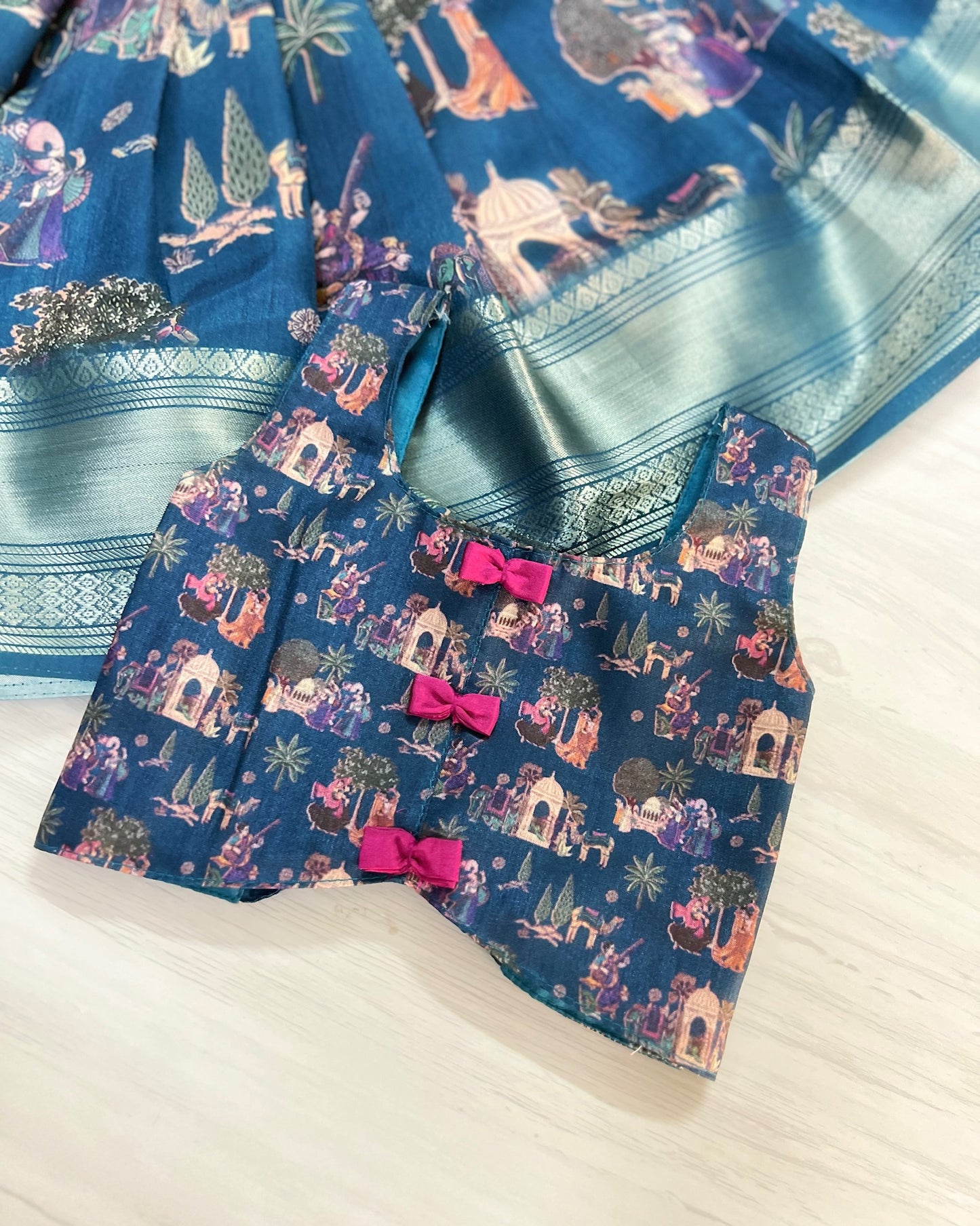 Crystal Teal With Cute Pink Bows Tie-Up Lehenga Set