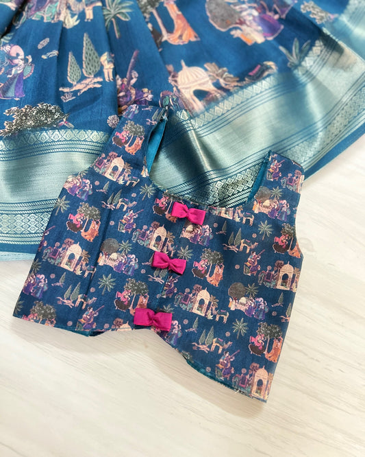 Crystal Teal With Cute Pink Bows Tie-Up Lehenga Set