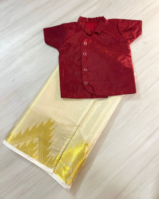 Macho Maroon Shirt With Cotton Veshti/Mundu Set