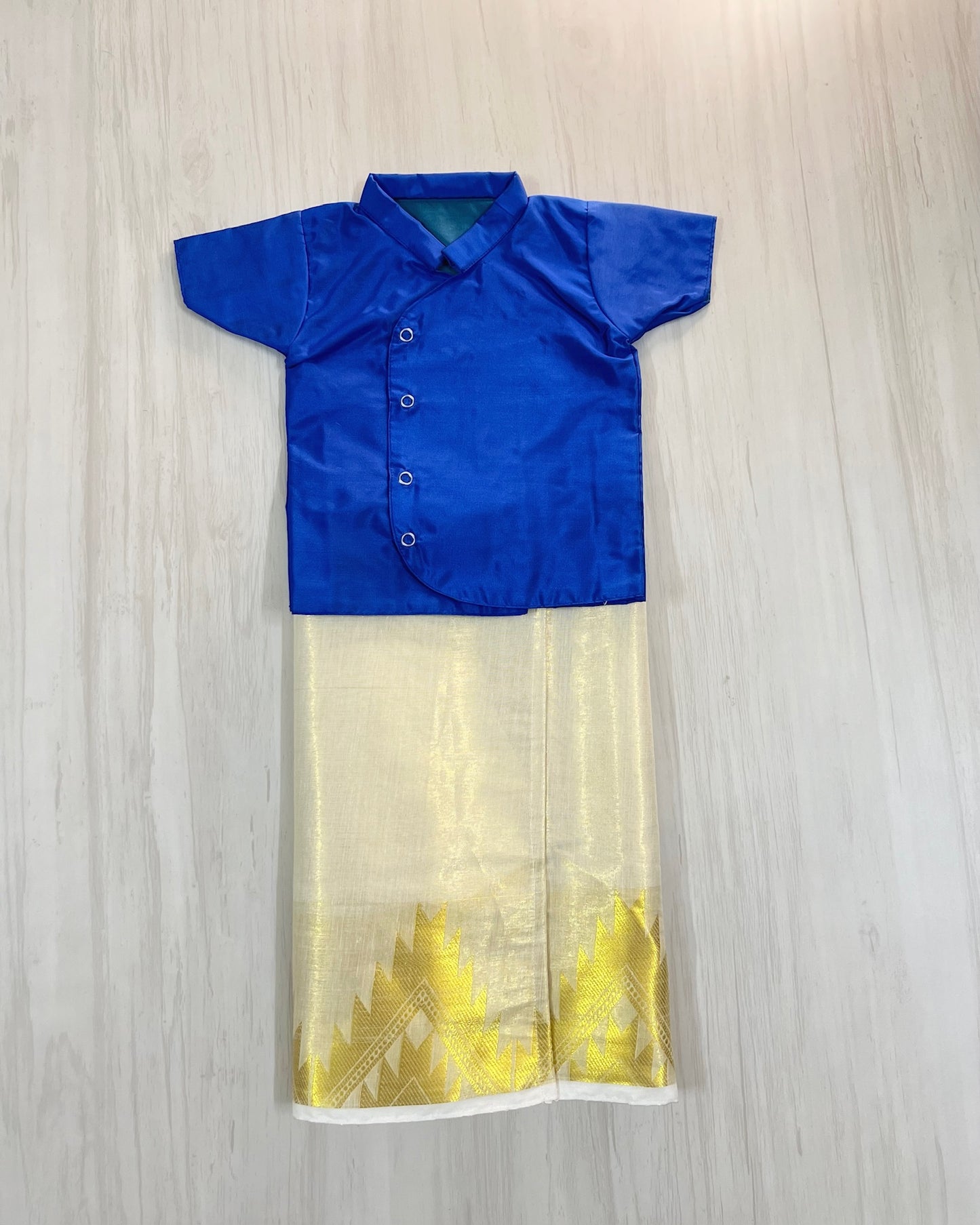 Electric Blue Shirt With Cotton Veshti/Mundu Set
