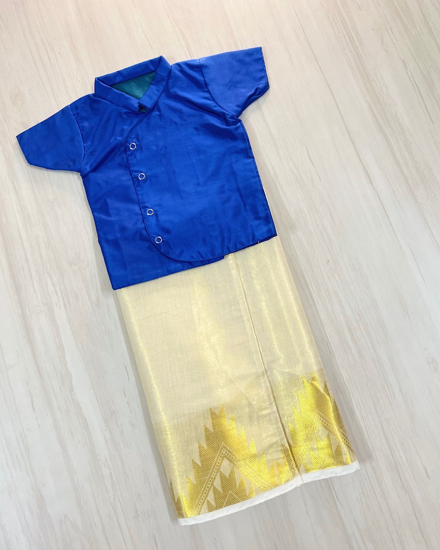 Electric Blue Shirt With Cotton Veshti/Mundu Set