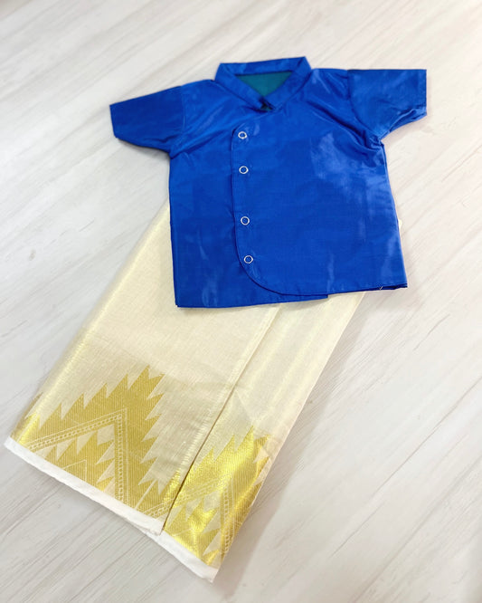 Electric Blue Shirt With Cotton Veshti/Mundu Set