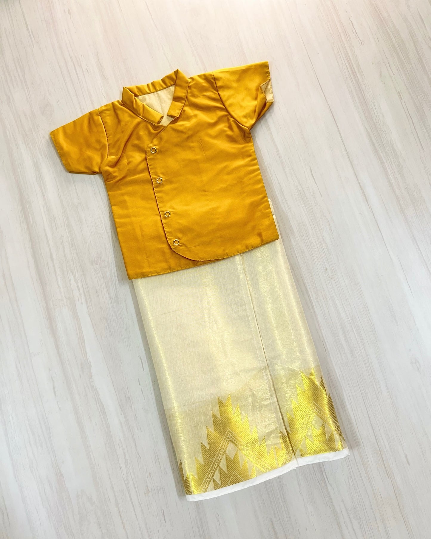 Glowing Gold Shirt With Cotton Veshti/Mundu Set