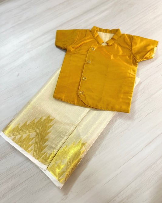 Glowing Gold Shirt With Cotton Veshti/Mundu Set