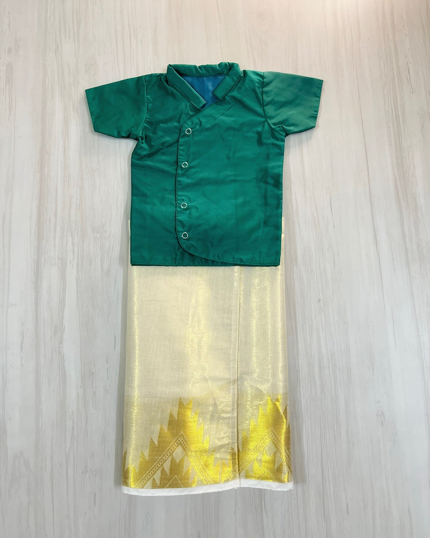 Brisk Teal Shirt With Cotton Veshti/Mundu Set