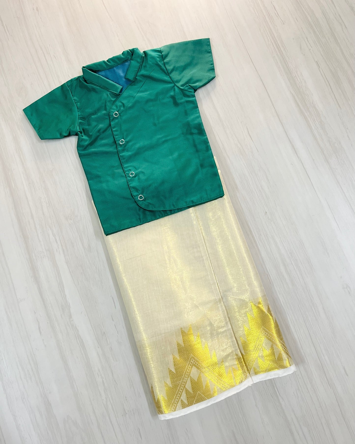 Brisk Teal Shirt With Cotton Veshti/Mundu Set