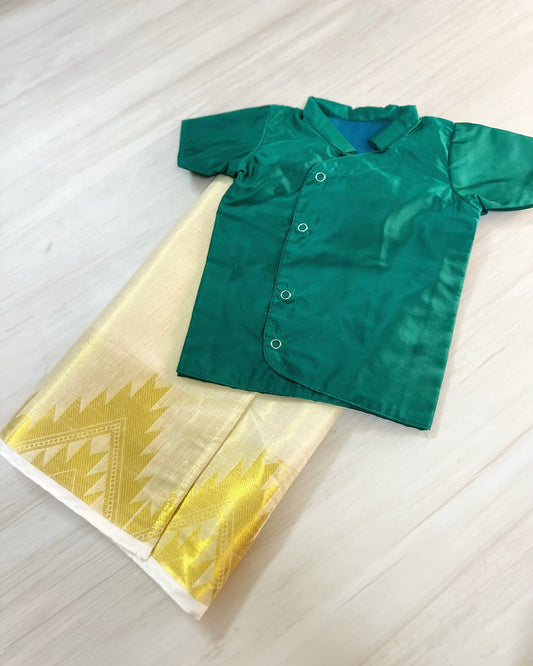 Brisk Teal Shirt With Cotton Veshti/Mundu Set