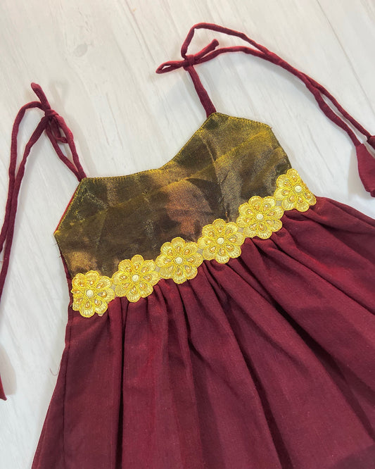 Vintage Maroon And Gold Tie-Up Frock