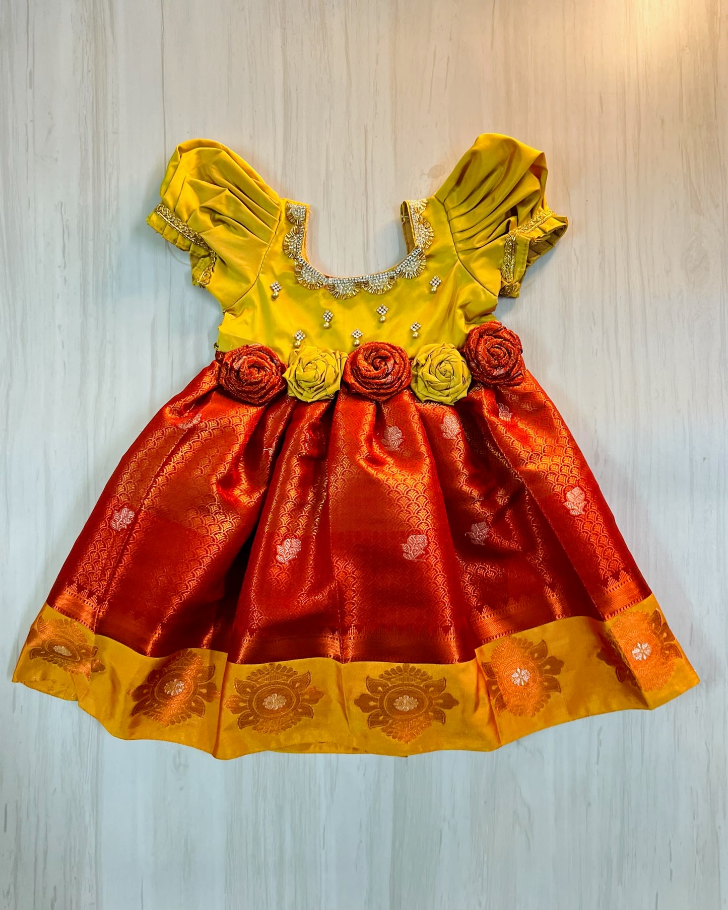 Cherry Red With Golden Puff Sleeves Stone Work Floral Silk Gown