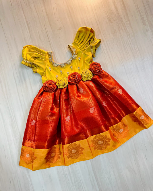 Cherry Red With Golden Puff Sleeves Stone Work Floral Silk Gown