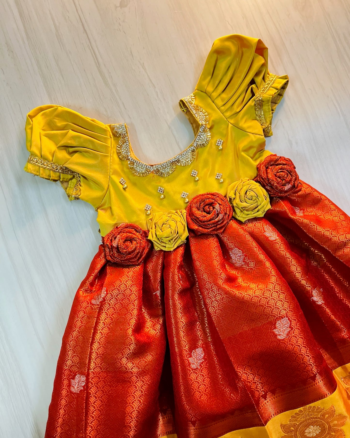 Cherry Red With Golden Puff Sleeves Stone Work Floral Silk Gown