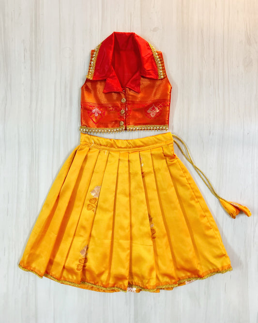 Sunset Orange Collar Top Mango Yellow Lehenga Set