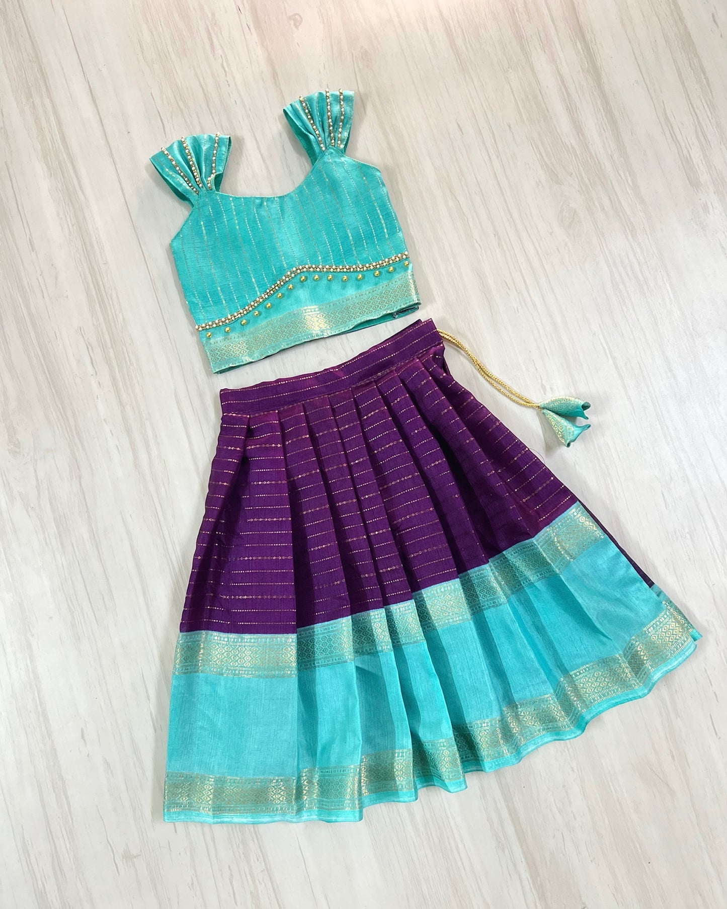 Pretty Purple And Turquoise Double Border Traditional Lehenga Set