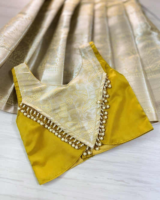 Honey Mustard Shimmery Pearl Embellished Modern Back Lehenga Set | The Silkberry