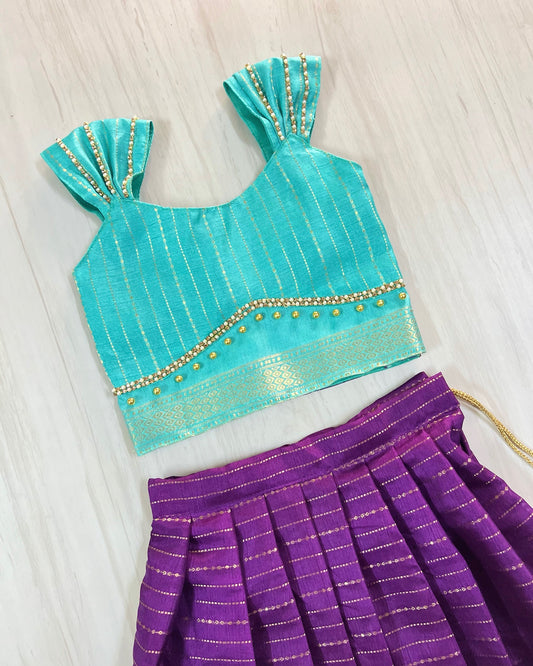 Pretty Purple And Turquoise Double Border Traditional Lehenga Set