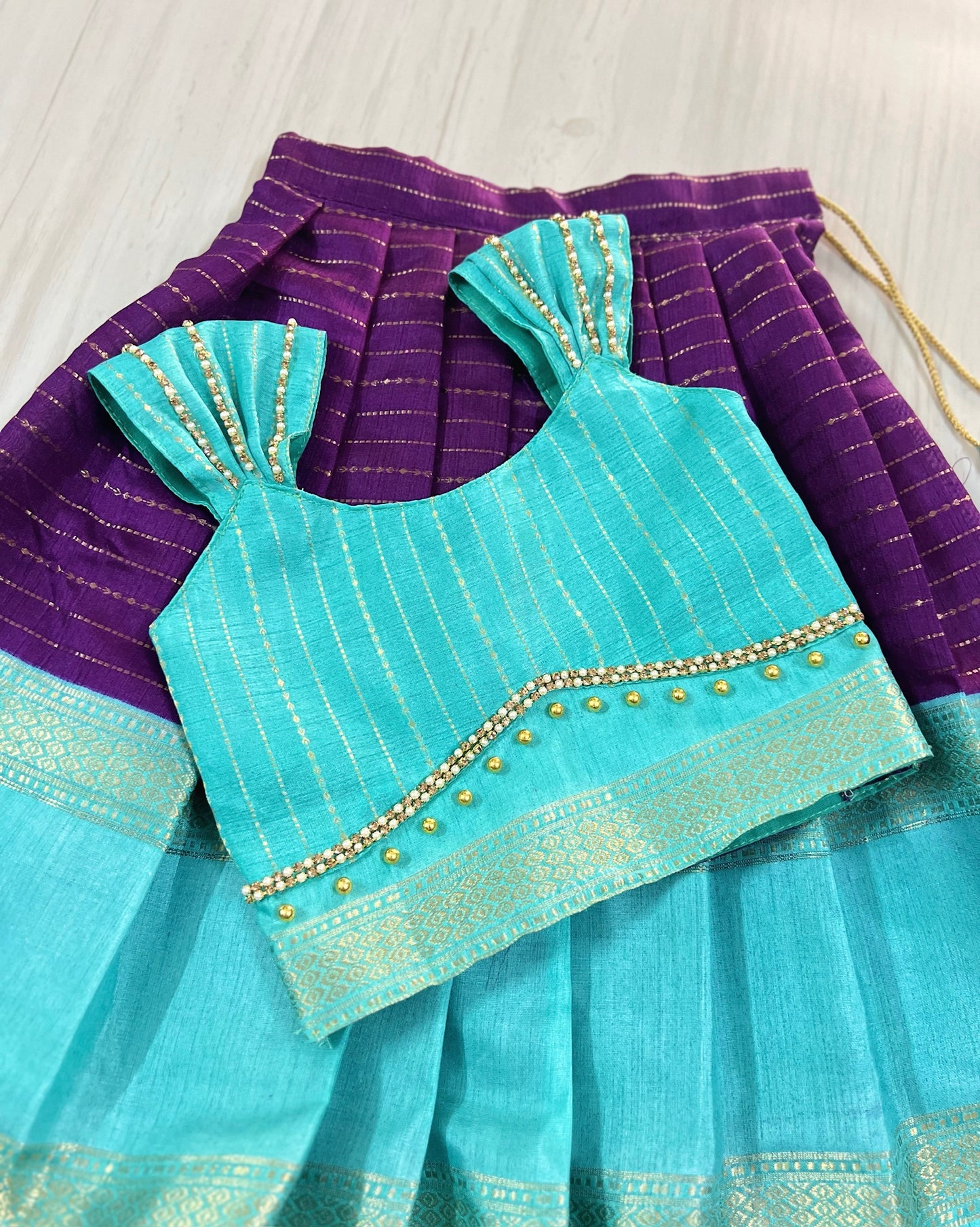 Pretty Purple And Turquoise Double Border Traditional Lehenga Set