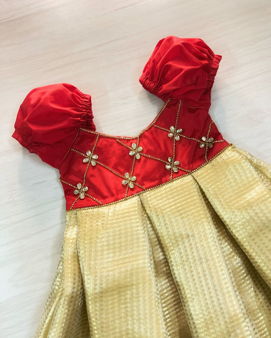 Ruby And Gold Criss Cross Stone Work Silk Gown