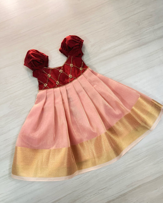 Burgundy And Baby Pink Criss Cross Stone Work Silk Gown