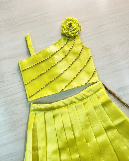 Lovely Lime One Side Floral Embellished Shimmery Lehenga Set | The Silkberry