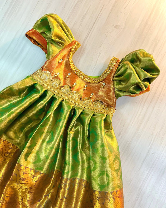 Light Green And Orange Grand Stone Work Silk Gown