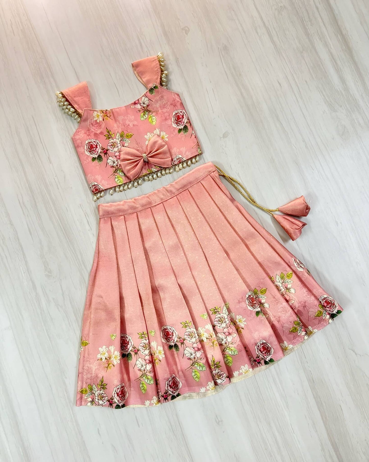 Floral Dusty Pink Pearl Embellished Lehenga Set | The Silkberry