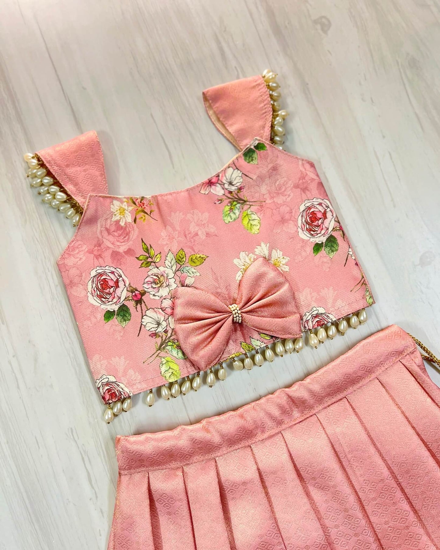 Floral Dusty Pink Pearl Embellished Lehenga Set | The Silkberry