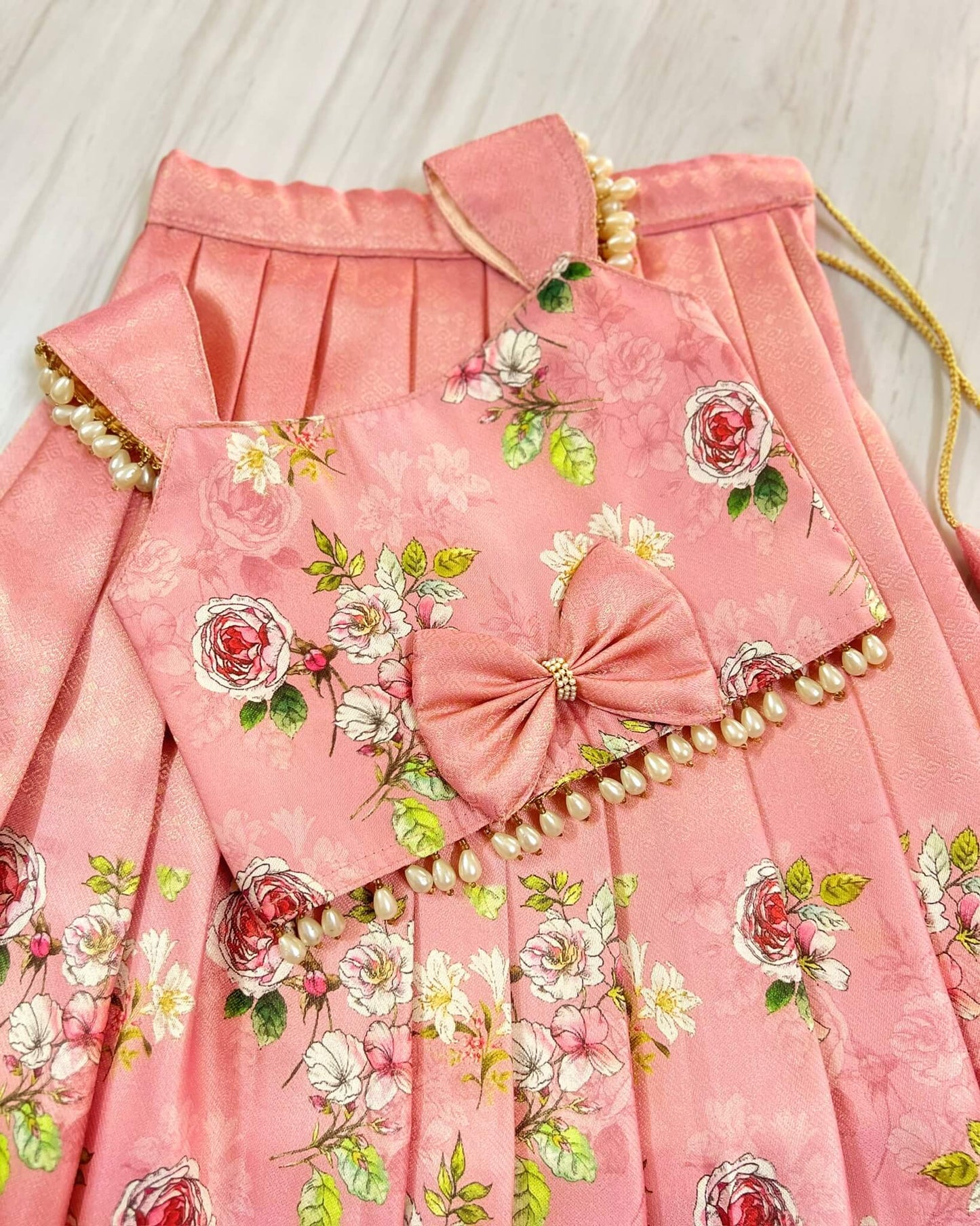 Floral Dusty Pink Pearl Embellished Lehenga Set | The Silkberry