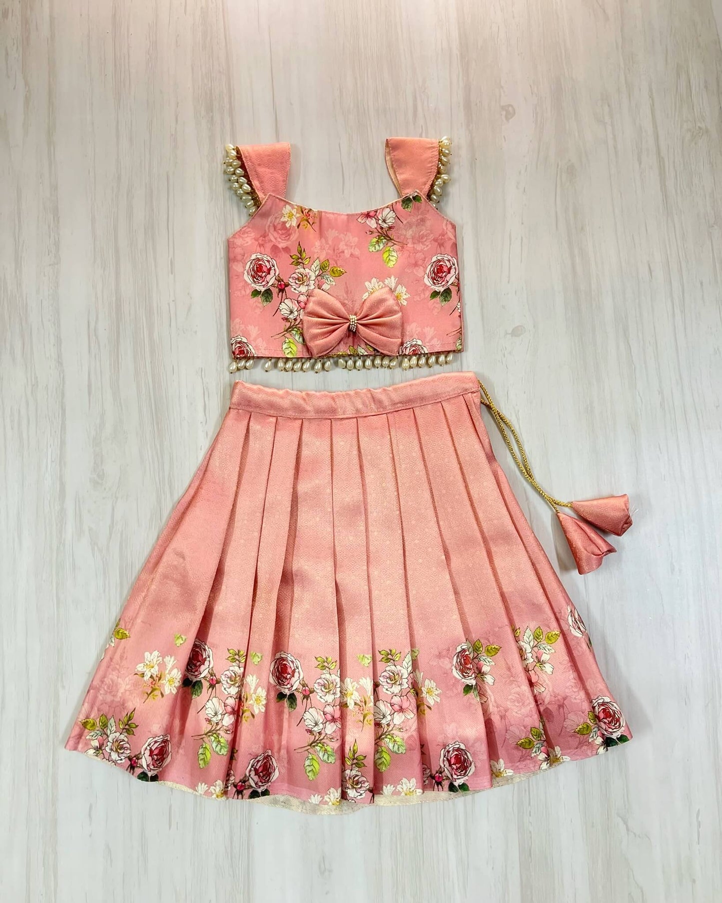 Floral Dusty Pink Pearl Embellished Lehenga Set | The Silkberry
