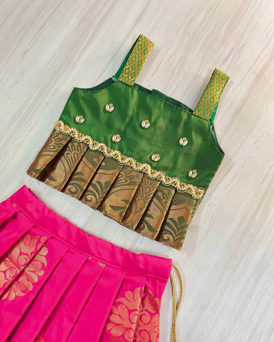 Hot Pink And Pine Green Cute Traditional Lehenga Set | The Silkberry