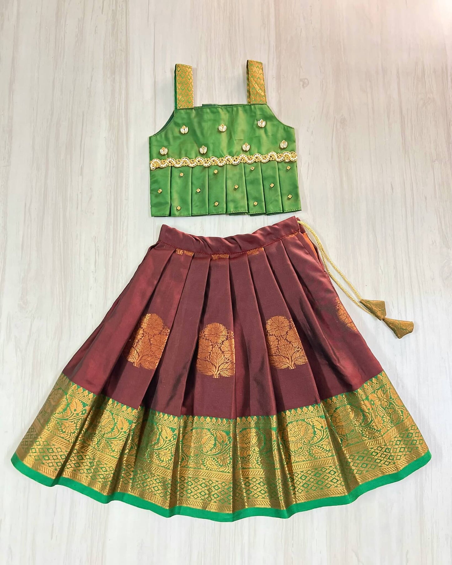 Caramel Brown And Emerald Green Cute Traditional Lehenga Set | The Silkberry