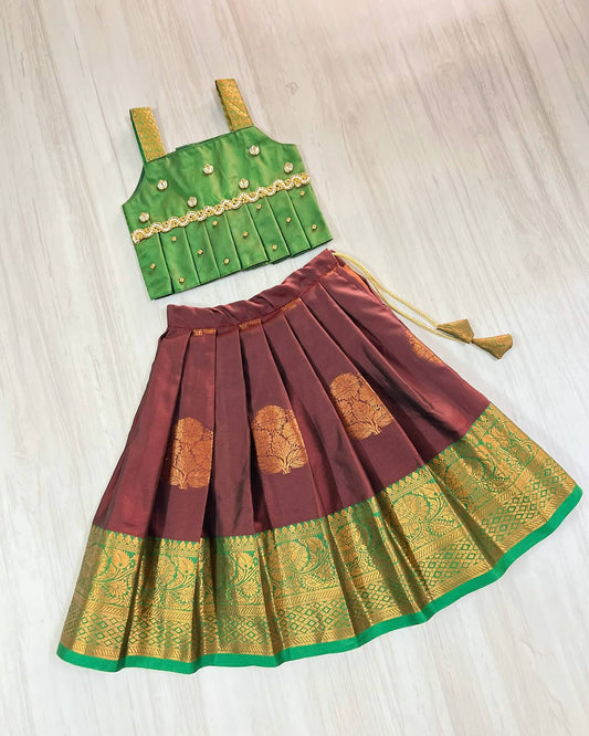 Caramel Brown And Emerald Green Cute Traditional Lehenga Set | The Silkberry
