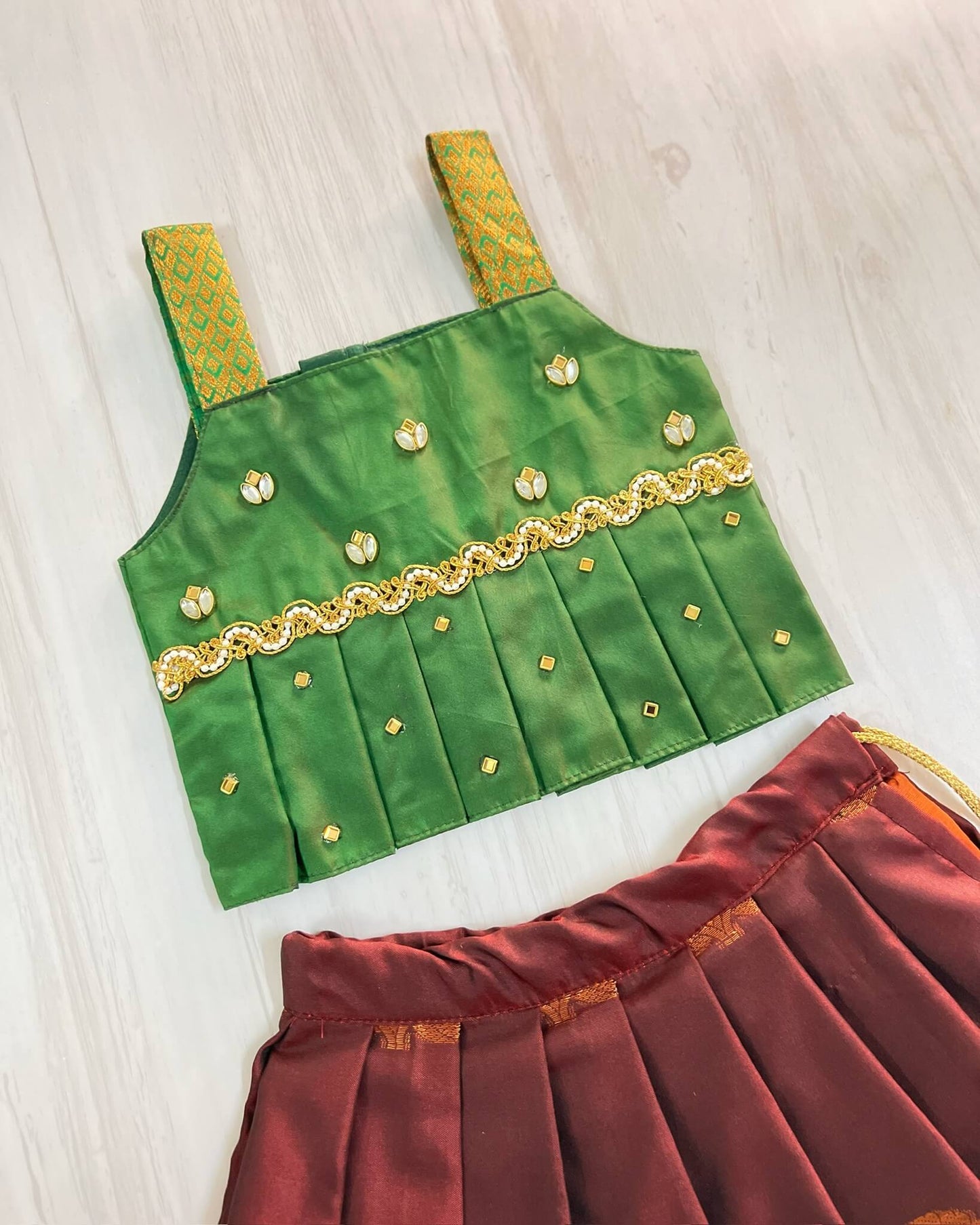 Caramel Brown And Emerald Green Cute Traditional Lehenga Set | The Silkberry