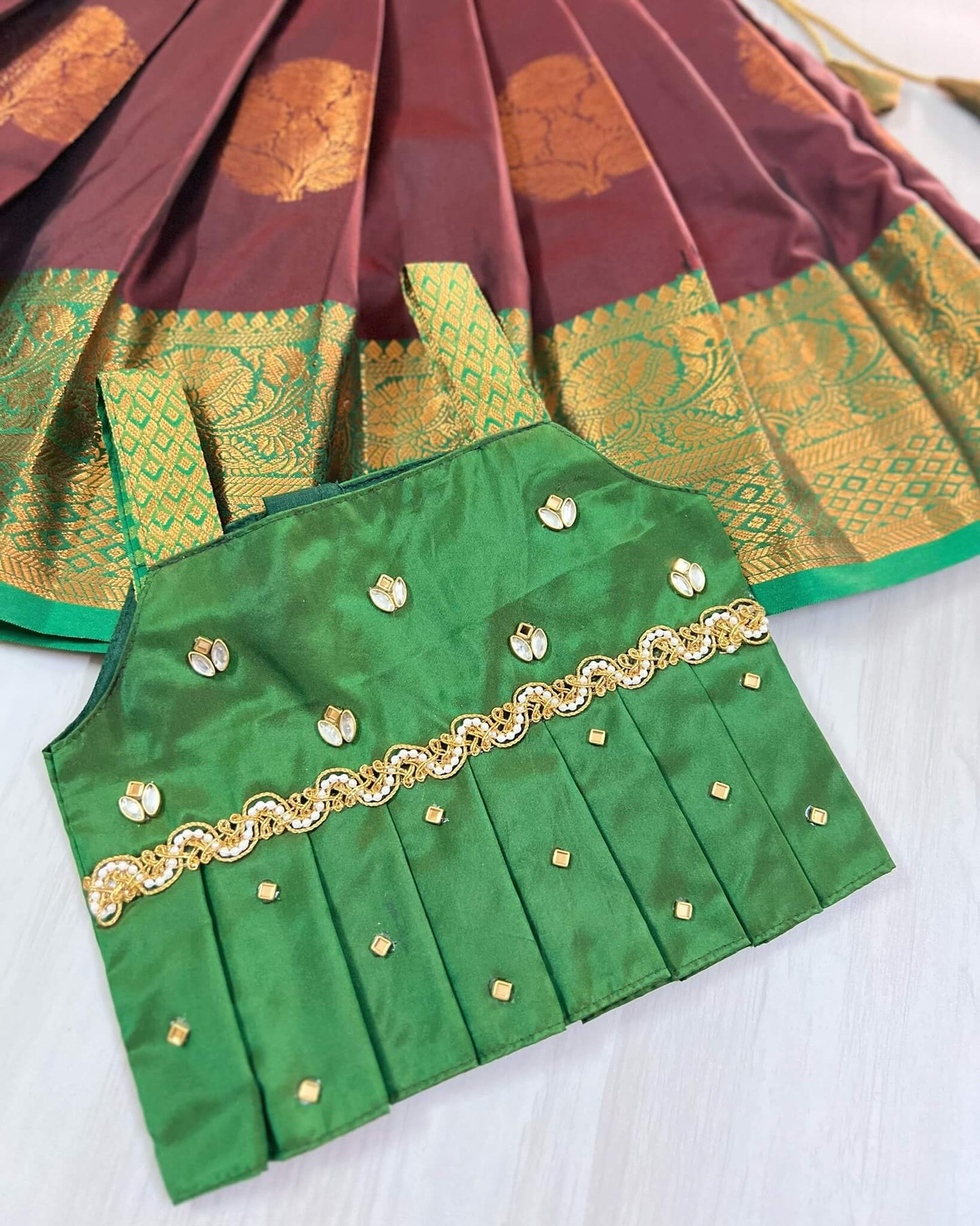 Caramel Brown And Emerald Green Cute Traditional Lehenga Set | The Silkberry